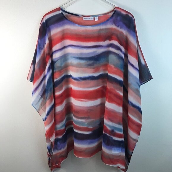 Susan Graver Red White Blue Stripe Chiffon Semi-Sheer Top Size Medium - Picture 1 of 7